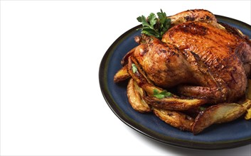 Fried whole chicken, with potatoes, on a white background, no people