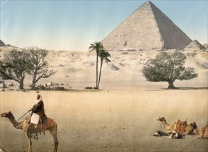 Bedouins resting in front of the Great Pyramid, Egypt, Historical, digitally restored reproduction