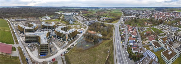 IBM construction project in Ehningen, aerial view. Large construction site Technology Campus. Once