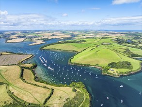 Salcombe and Mill Bay over Kingsbridge Estuary from a drone, Batson Creek, Southpool Creek, Devon,