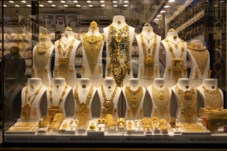 Gold in shop window, display, offer, wedding jewellery, gold souq, market, Deira, Dubai, United