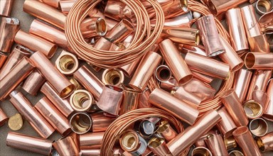 Material, metal, copper, a large quantity of pipes and pipe sections