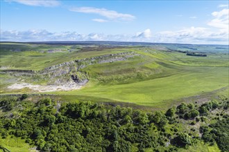 Farms and Mountains over Bainbridge Villagefrom a drone, Leyburn, North Yorkshire, England, United