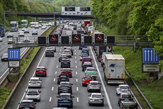 The A3 motorway, heavy traffic on 8 lanes, including the temporarily open hard shoulder, in front