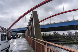 A42 motorway bridge, (red arches) over the Rhine-Herne Canal, with massive structural damage,