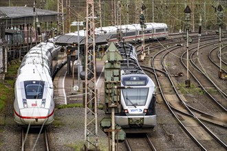 ICE train, RE 16 Ruhr-Sieg Express local train, in front of the Hagen-Vorhalle marshalling yard,