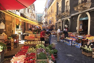 Fruit, vegetables, cheese and meat at the historic market in Catania, Sicily, Italy, Europe