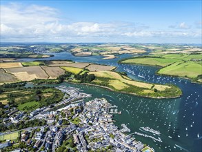 Salcombe and Mill Bay over Kingsbridge Estuary from a drone, Batson Creek, Southpool Creek, Devon,