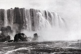 Niagara Falls, Canada, USA, Historical, digitally restored reproduction from a 19th century