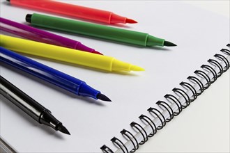 Watercolor pens brush, assortment, on a drawing album, artist's desk, top view, close-up, selective