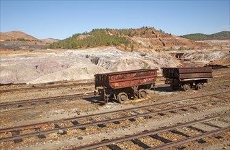 Old rusty abandoned railway rolling stock wagons, Rio Tinto mining area, Minas de Riotinto, Huelva