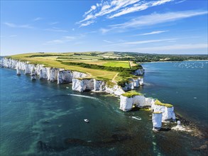 White Cliffs of Old Harry Rocks Jurassic Coast from a drone, Dorset Coast, Poole, England, United