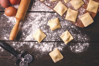 Cheese, Spinach ravioli, on a wooden table, selective focus, rustic style, horizontal, no people