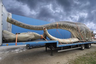 Large dinosaur figure loaded in parts on a heavy goods vehicle, Lauf an der Pegnitz, Middle