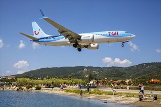 A TUI Airways Boeing 737 MAX 8 aircraft with the registration G-TUMN at Skiathos Airport, Greece,