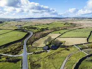 Farms over West Dart River in Dartmoor National Park, Devon, England, United Kingdom, Europe