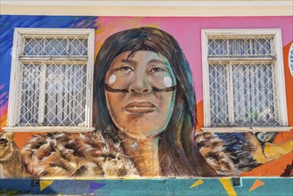 Colourful graffito with the image of an indigenous woman, street art in the city of Punta Arenas,