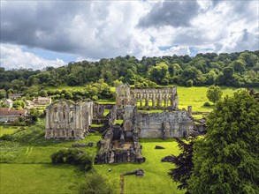 Rievaulx Abbey from a drone, North York Moors National Park, North Yorkshire, England, United