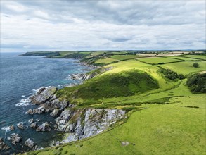 Cliffs over Mothecombe Beach and Red Cove from a drone, River Emme, Mothecombe, Plymouth, South