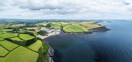 Panorama over Cliffs over Mothecombe Beach and Red Cove from a drone, River Emme, Mothecombe,