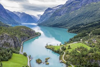 Lake Lovatnet (or: Loenvatnet), view towards south to glacier Jostedalsbreen, islands in the lake,