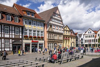 Typical town houses at the market in the old town, Hamelin, Upper Weser, Weserbergland, German