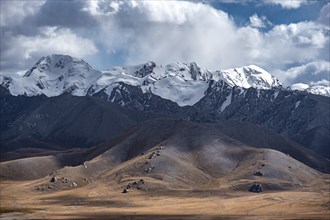 Plateau in the high mountains, glaciated and snow-covered peaks, Ak Shyrak Mountains, near Kumtor,