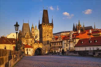 Lesser Town Bridge Tower in the early morning, Charles Bridge in Prague, Czech Republic, Europe