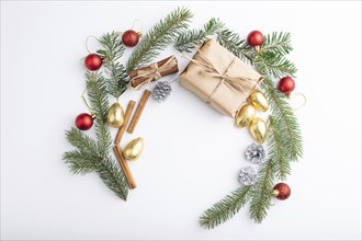 Christmas or New Year wreath composition. Decorations, balls, fir and spruce branches, on white