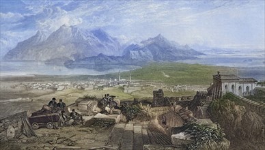 Town and Isthmus of Corinth seen from the Acropolis, engraved by W. Miller after S. Bough from The