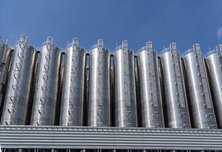 Stainless steel tanks of a large silo facility in Duisburg inland harbour, Duisburg-Neuenkamp, for