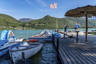 Boat hire, pedal boats, Gretl am See lido on Lake Kaltern, near the village of Kaltern, in the