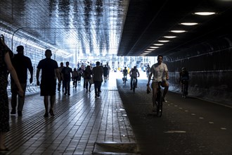 Footpath and cycle path, cycle highway, Cuyperspassage, subway at Central Station, Amsterdam