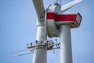 Maintenance work, repairs to a rotor of an Enercon wind turbine, in a wind farm east of Bad