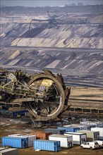 Garzweiler opencast lignite mine, bucket wheel excavator undergoing maintenance and repair, near