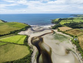 River Emme and Red Cove from a drone, Mothecombe, Plymouth, South Devon, England, United Kingdom,