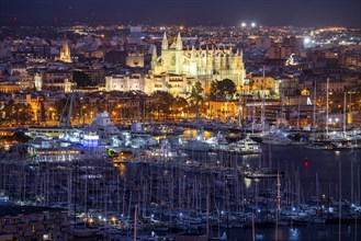 Panorama of Palma de Majorca, Bay of Palma, with the marina and the Cathedral of St Mary, Balearic