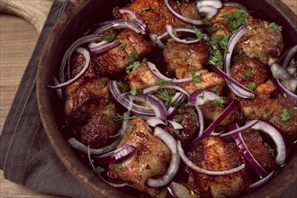 Fried meat, pork kebab, ketsi in a clay pan, with red onions and herbs, homemade, no people