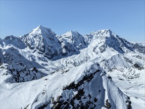 Aerial view, snow-covered mountain landscape, summit of the Madritschspitze in front of Ortler,