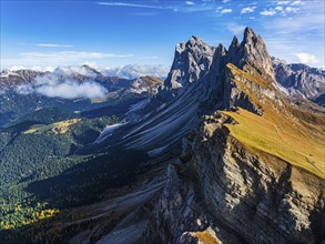 The Sas Rigais and Furchetta peaks of the Odle Group, drone shot, Val Gardena, Dolomites,