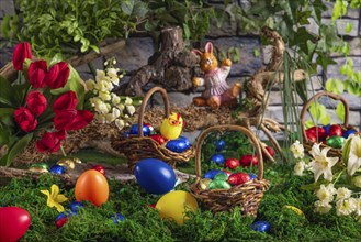 Easter basket with colourful eggs next to spring flowers and an Easter bunny on a moss-covered