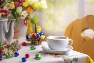 A coffee cup on a table with Easter decorations and a colourful bouquet of spring flowers in the