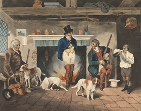 After the hunt, the hunting party with the hounds in a room, Shooting, England, 1822, Historic,