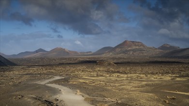 Sunrise, view towards Timanfaya National Park, Lanzarote, Canary Islands, Spain, Europe