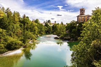 View from the 15th century Ponte del Diavolo leading over the Natisone river into the historic