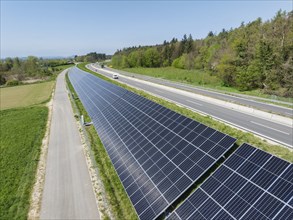 Aerial photo, solar modules, solar park, photovoltaics, power generation from solar energy on a