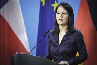 Annalena BÃ¤rbock, Federal Foreign Minister, photographed at a press conference after the joint