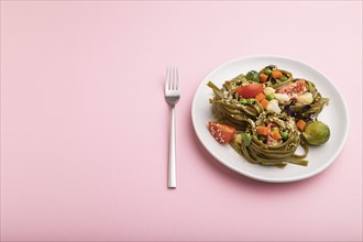 Tagliatelle green spinach pasta with tomato, pea and microgreen sprouts on a pastel pink background