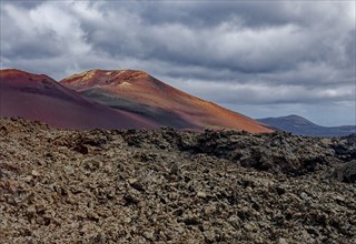 Volcanic landscape of the Fire Mountains, Montanas del Fuego, Timanfaya National Park, Lanzarote,