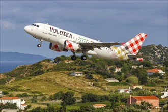 A Volotea Airbus A319 aircraft with the registration EC-MTL at Skiathos Airport, Greece, Europe